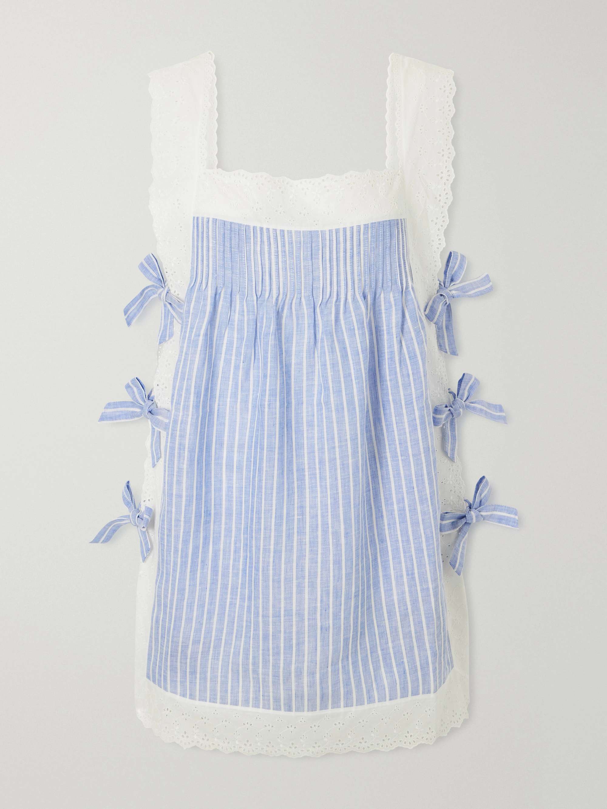 Fiocchini Bow-Embellished Striped Broderie Anglaise-Trimmed Linen Mini Dress