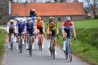 HARELBEKE BELGIUM MARCH 26 Zdenek Stybar of Czech Republic and Team Deceuninck QuickStep Wout Van Aert of Belgium and Team Jumbo Visma Mathieu Van Der Poel of Netherlands and Team AlpecinFenix during the 64th E3 Saxo Bank Classic 2021 a 2039km race from Harelbeke to Harelbeke E3SaxobankClassic on March 26 2021 in Harelbeke Belgium Photo by Tim de WaeleGetty Images