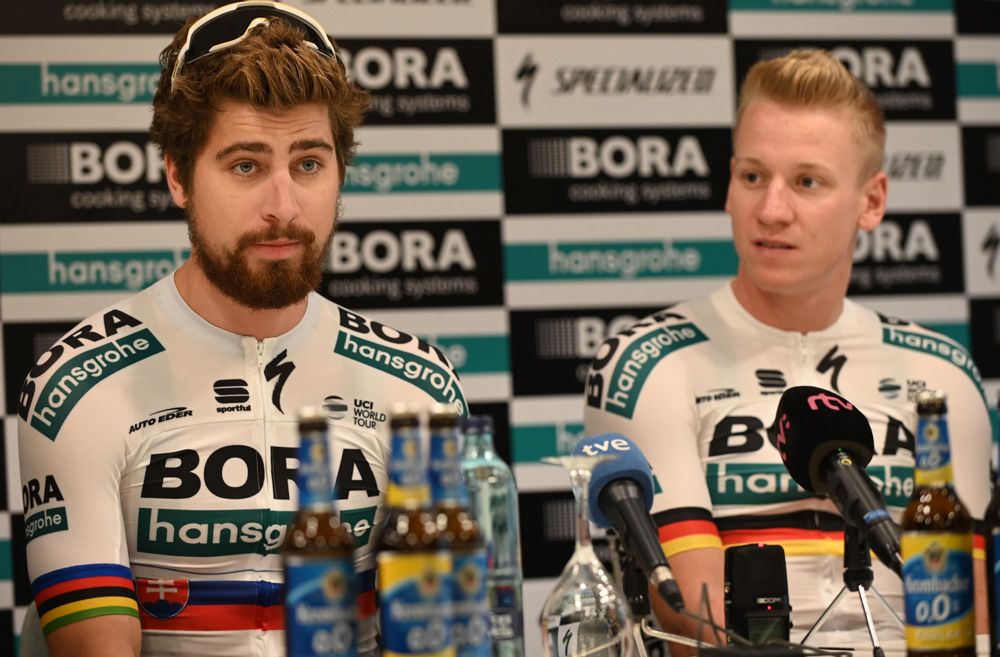 Peter Sagan talks alongside Bora-Hansgrohe teammate Pascal Ackermann