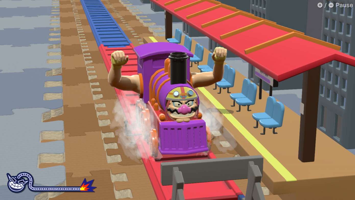 WarioWare: Move It! screenshot depicting a microgame where you must pretend to be a train.
