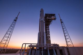 A United Launch Alliance Atlas V rocket stands ready for launch on Space Launch Complex-41 at Cape Canaveral Air Force Station in Florida. The rocket is scheduled to launch the U.S. Space Force's sixth and final Advanced Extremely High Frequency satellite, or AEHF-6, on March 26, 2020.