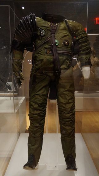 A B.F. Goodrich Mark V pressure suit from 1968. Suits like the Mark V were designed to keep aircraft pilots alive when they reached high altitudes, where oxygen was scarce (prior to the invention of pressurized cockpits). With the dawn of the space age, B.F. Goodrich tried to transition the suit technology to work for astronauts in the vacuum of space.