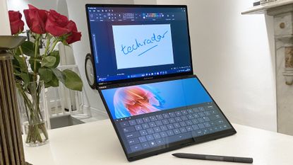 Asus Zenbook Duo (2025) laptop with both screens open and no keyboard attached