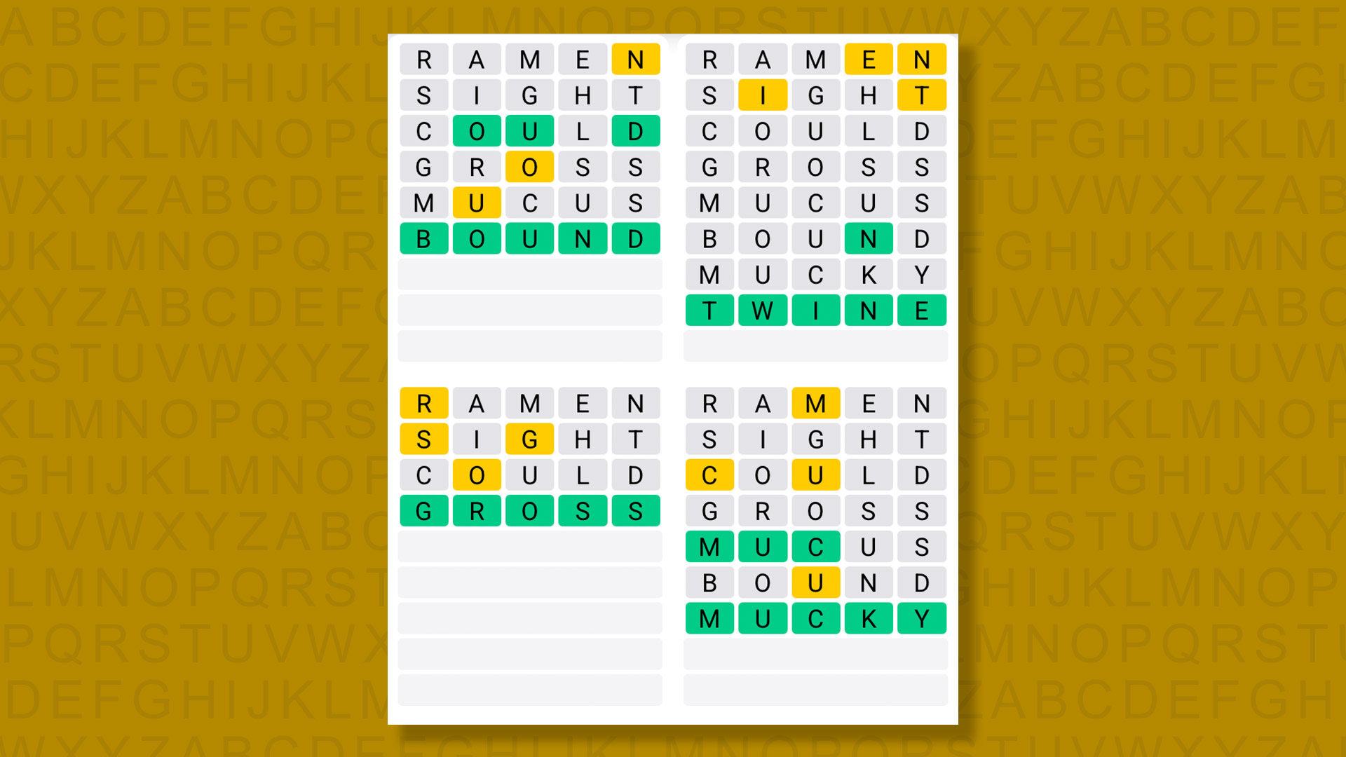 Quordle answers for game 1348 on a yellow background