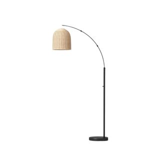 A black floor lamp with a rattan shade