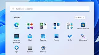 Start menu showing pinned apps organized into folders