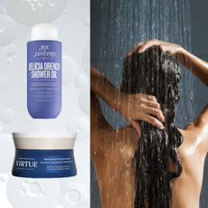 Collage of sol de janeiro delicia drench body oil and virtue hair mask oil balm with woman washing her hair in shower on Abstract water bubbles background 
