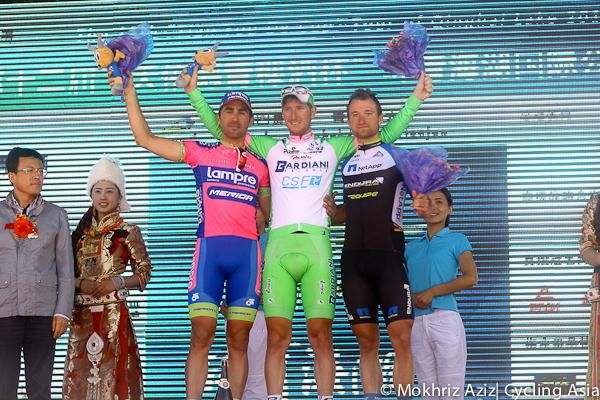 Stage 4 podium at Tour of Qinghai Lake (L-R): Maximiliano Richeze, Sacha Modolo and Ralf Matzka