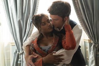 Simone Ashley as Kate Sharma, Jonathan Bailey as Anthony Bridgerton in episode 301 of Bridgerton