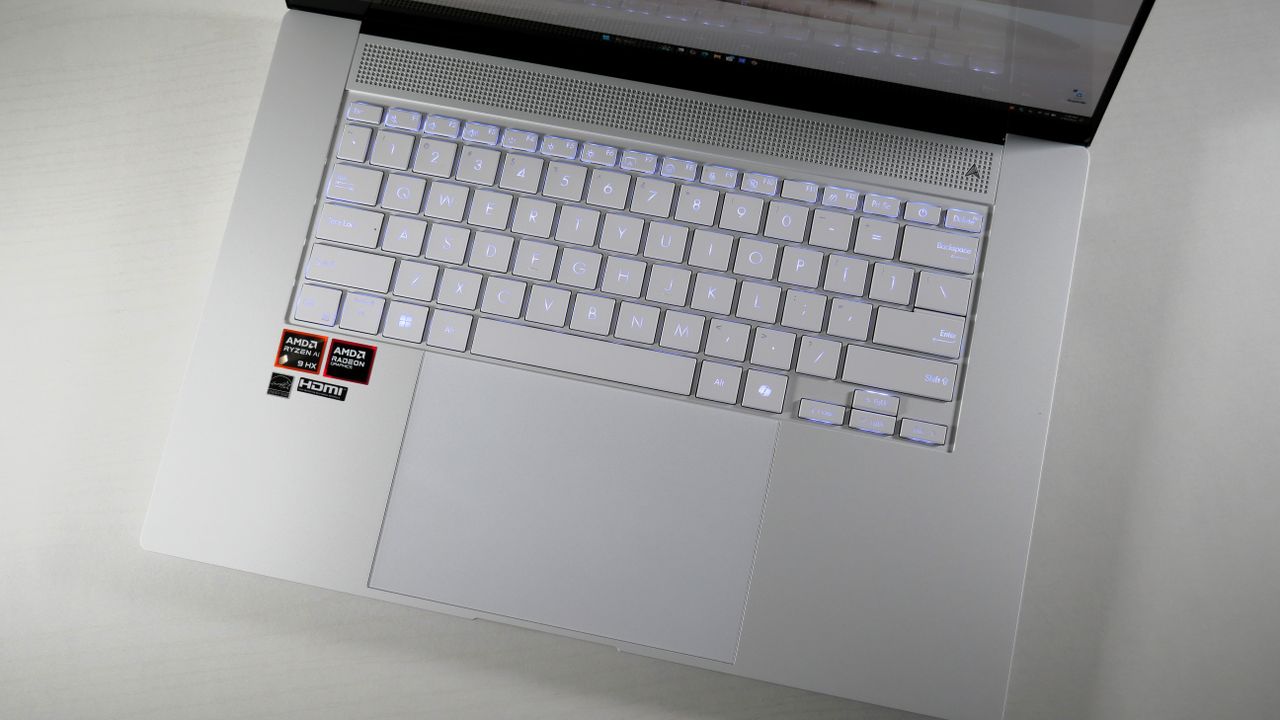 Top-down photo of the Asus Zenbook S16 UM5606 (Ryzen AI 9) showing the keyboard and touchpad.