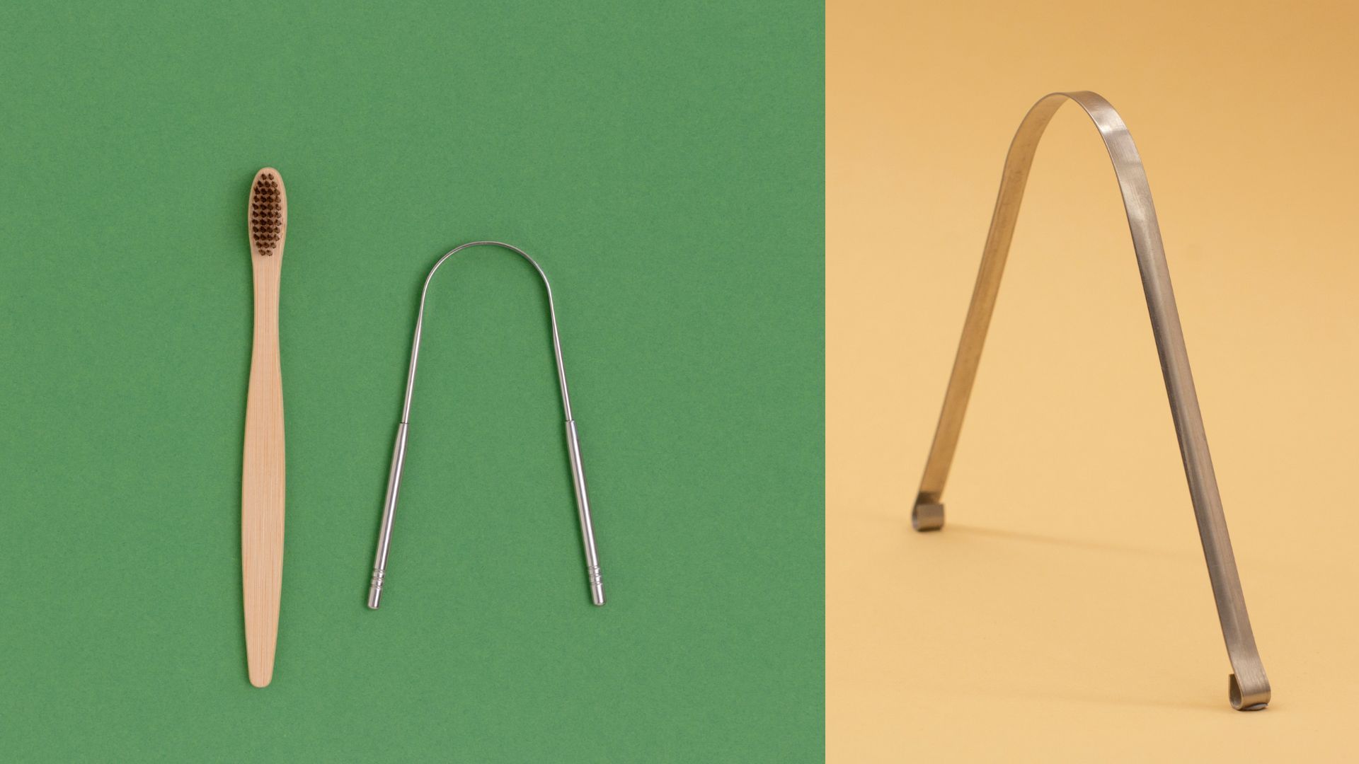 Raspador de lengua de metal junto al cepillo de dientes y raspador de lengua