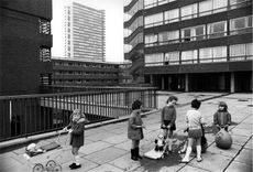 Tony Ray-Jones, Pepys Estate, Deptford, London: children playing on a raised walkway, 1970. Credit: Tony Ray-Jones / RIBA Collections