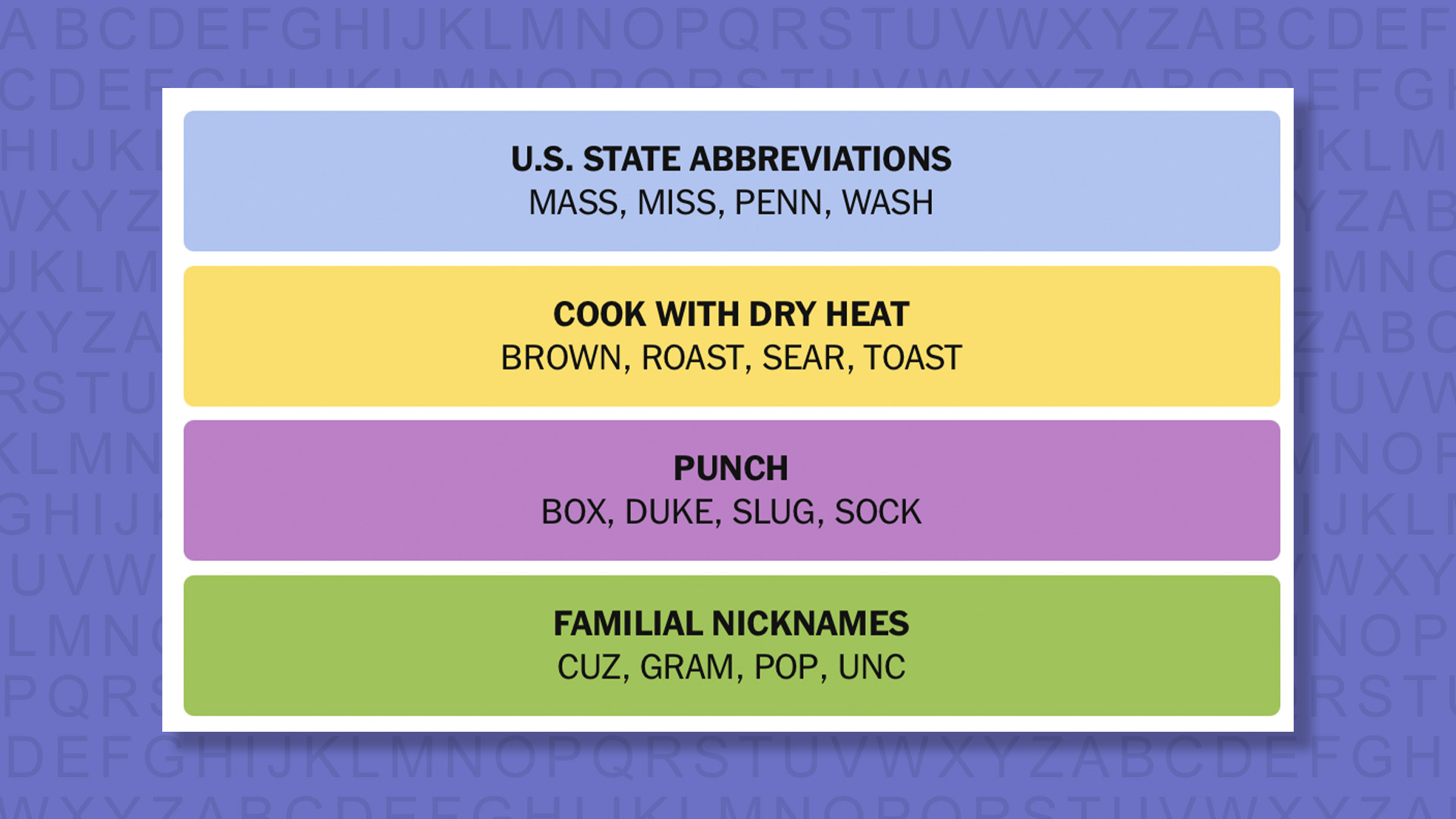 NYT Connections answers for game 1003 on a purple background
