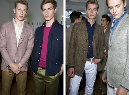 Two guys on left and two guys on right are wearing Dunhill S/S 2015 collection. The longer blazers, coats and shirt jackets, paired with straight trousers are indicative of this collection