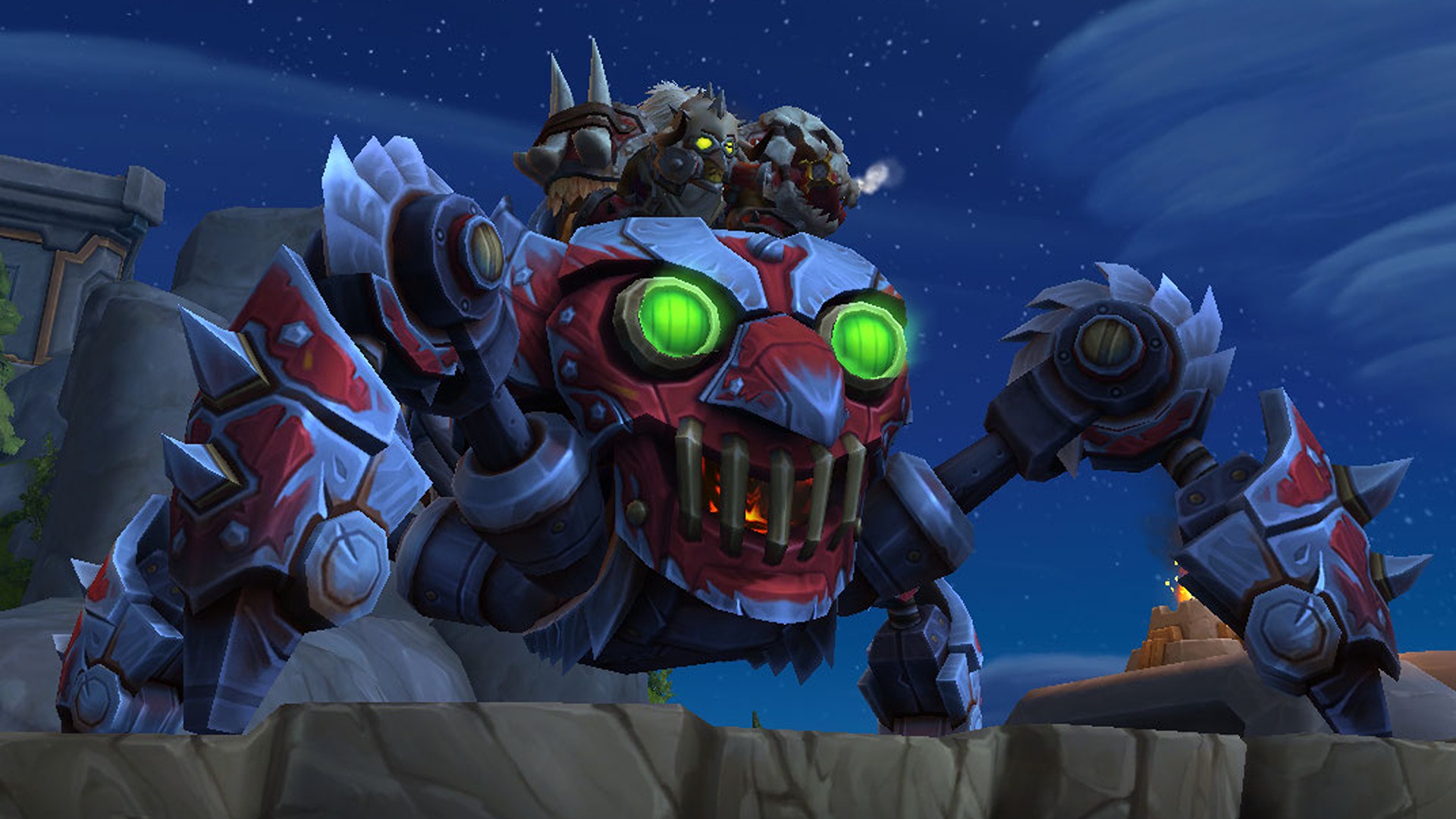 A mechanical spider mount with red and grey metal plating and glowing green eyes carries a small, armored character on its back against a night sky.
