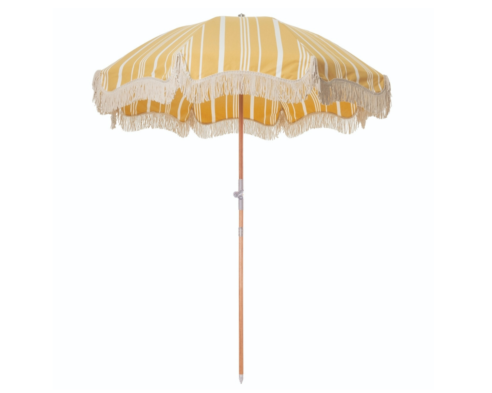 A yellow and white striped vintage-look outdoor umbrella