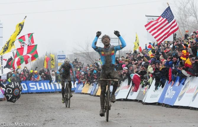 Sven Nys (Belgium) celebrates his world championship in front of the Louisville crowd