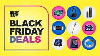 Collage of deals from the Best Buy Black Friday sale including a Samsung TV, Sony headphones, Fire TV stick, Dyson vacuum, MacBook, iPad, Microsoft Surface and Oura Ring