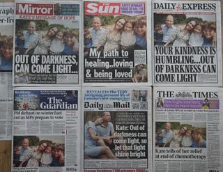 Newspapers showing Kate Middleton and her family with headlines about her recovering from cancer