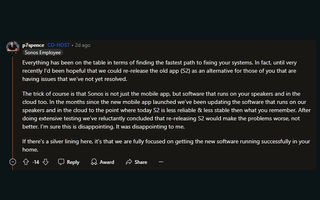 Sonos CEO's Reddit comment confirming that the old S2 app won't be rereleased due to instability