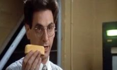 Egon from the Ghostbusters crew holds up a Twinkie to represent the psychokinetic energy in New York.
