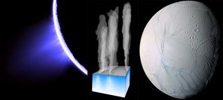Cryovolcanism at the south pole of Enceladus: a plume, possibly emanating from a near body of liquid water, emanates from a series of jets located within the 'tiger stripes'. Enceladus Explorer will find out whether there are traces of life deep in the ocean of liquid water below the icy crust.