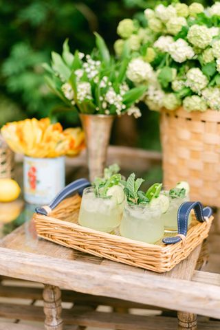 A garden bar tray with drinks