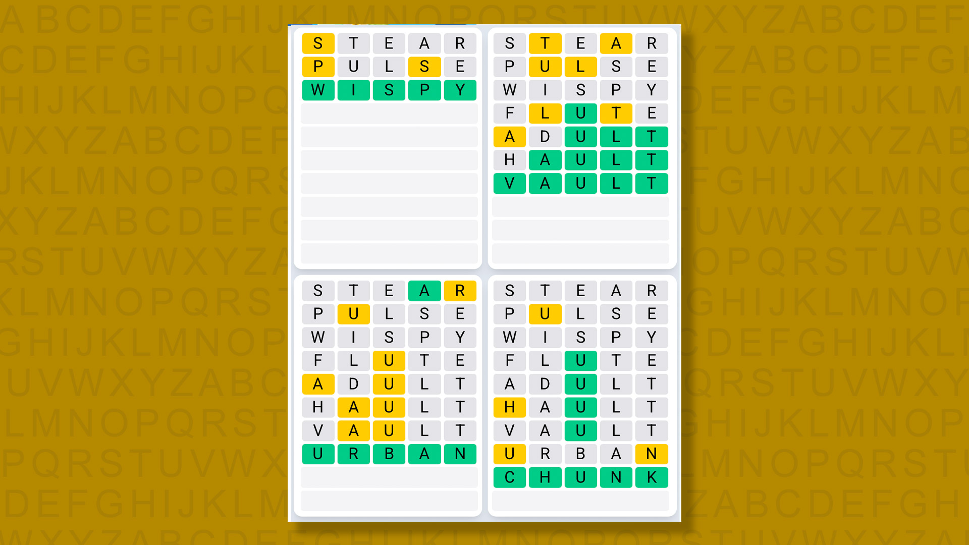 Quordle Daily Sequence answers for game 1569 on a yellow background