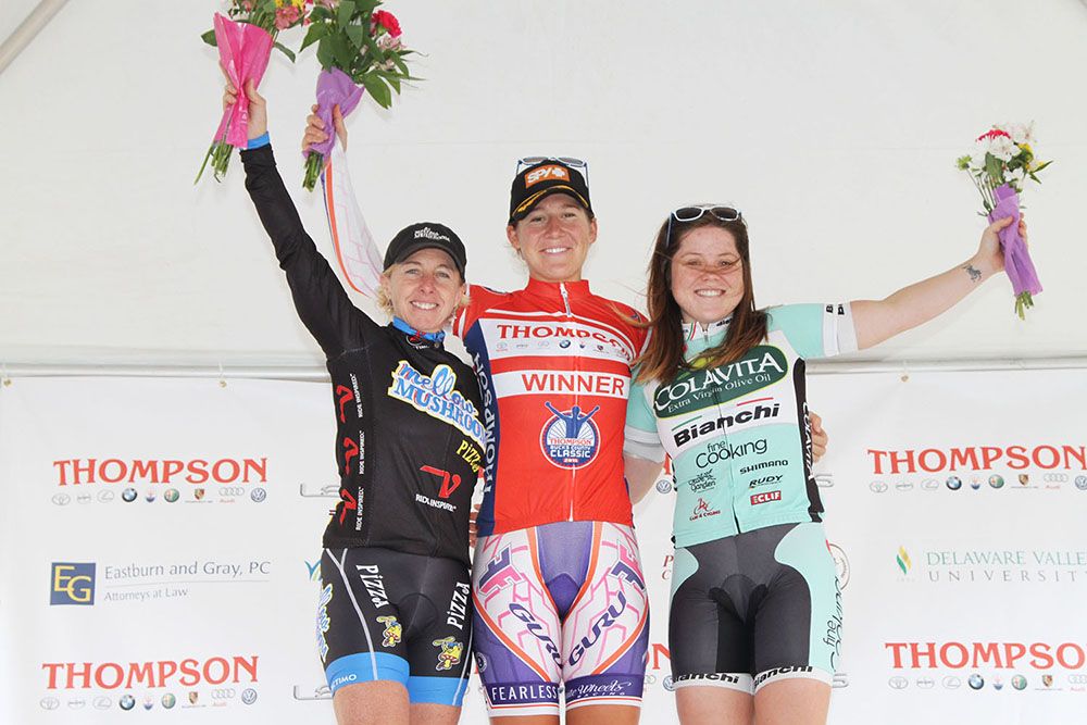 The Womens Podium: 2nd place, Laura Van Gilder (Mellow Mushroom Pizza Bakers) 1st place, Lauretta Hanson (Fearless Femme p/b Haute Wheels Racing) 3rd place, Morgan Brown (Colavita- Bianchi p/b Fine Cooking)