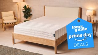 The Leesa Legend Hybrid Mattress on a wooden bed frame in a bedroom, a Tom&#039;s Guide Prime Day deals graphic (right)