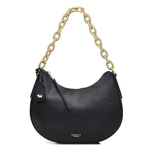 Flat lay image of black handbag