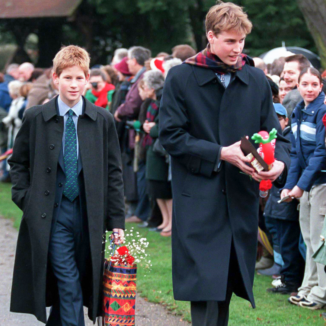 Prince Harry and Prince William walking with gifts on Christmas Day 1998
