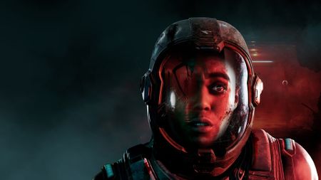 Concept art for the video game Directive 8020. Close up of a scared person wearing a futuristic spacesuit. Reflected in their visor is a giant, menacing figure.