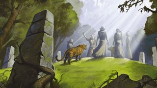 DnD Druids stand in a circle of stones in a forest clearing, and they are joined by a tiger and a bear