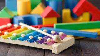A selection of children's toys including a xylophone and building bricks