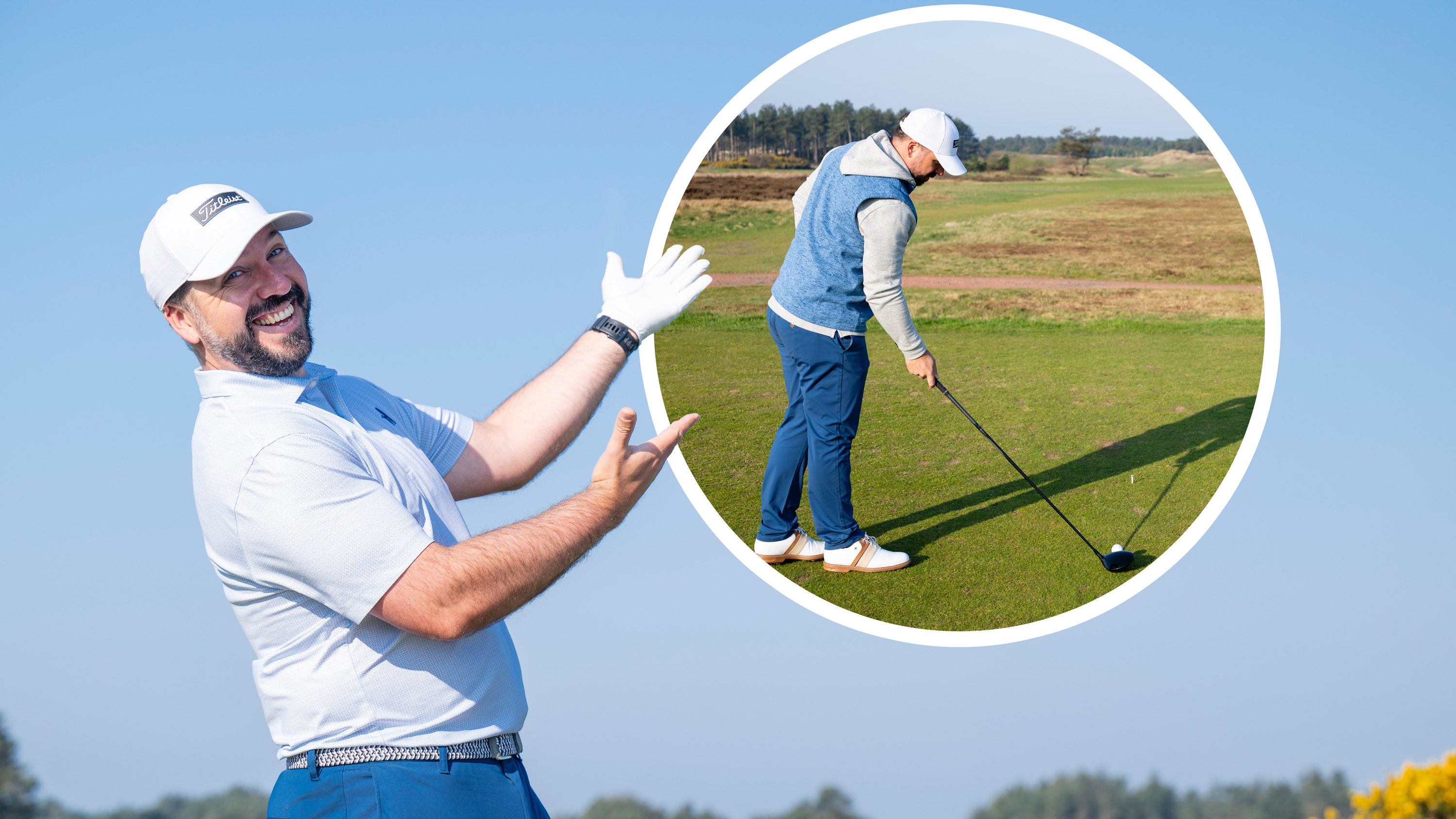 Peter Finch using his hands to point towards an inset image of himself aligning the golf driver clubface to an intermediate target (a tee peg in the ground) in a bid to hit more fairways
