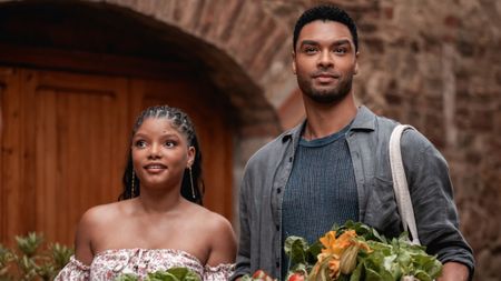 Anna (Halle Bailey) and Michael (Reg&eacute;-Jean Page) in You, Me & Tuscany.