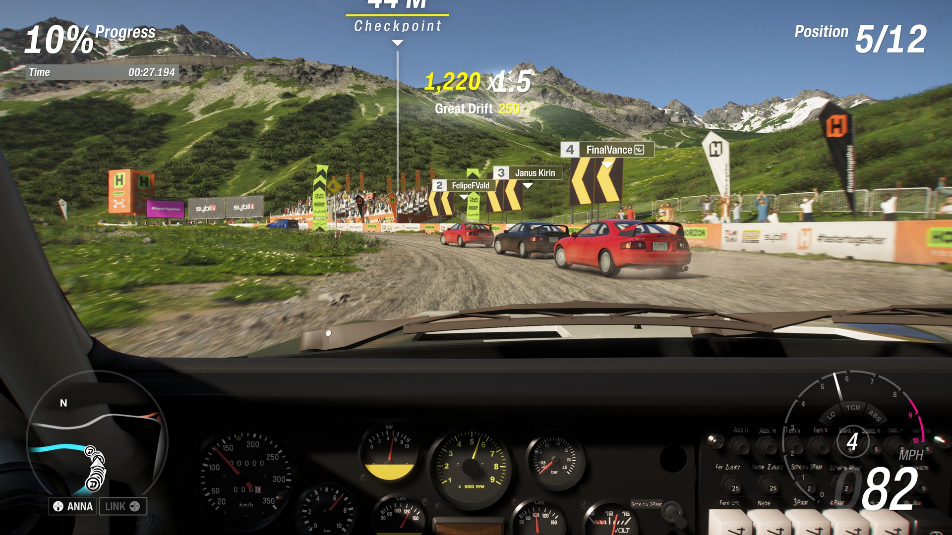 Cars bunch around a corner on a mountainous, off-road track in Forza Horizon 6