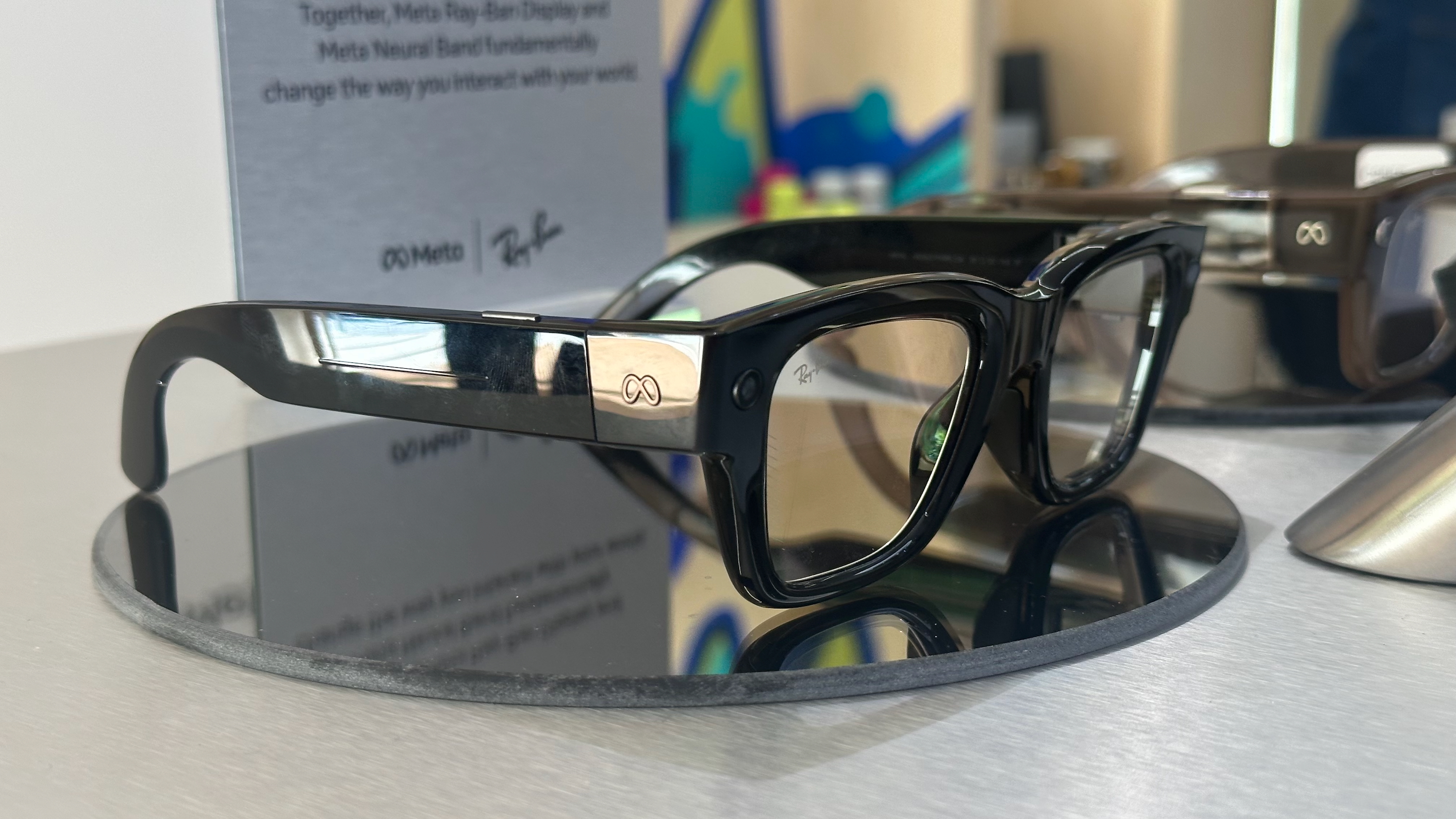 Photo of the Meta Ray-Ban Display smart glasses on display.