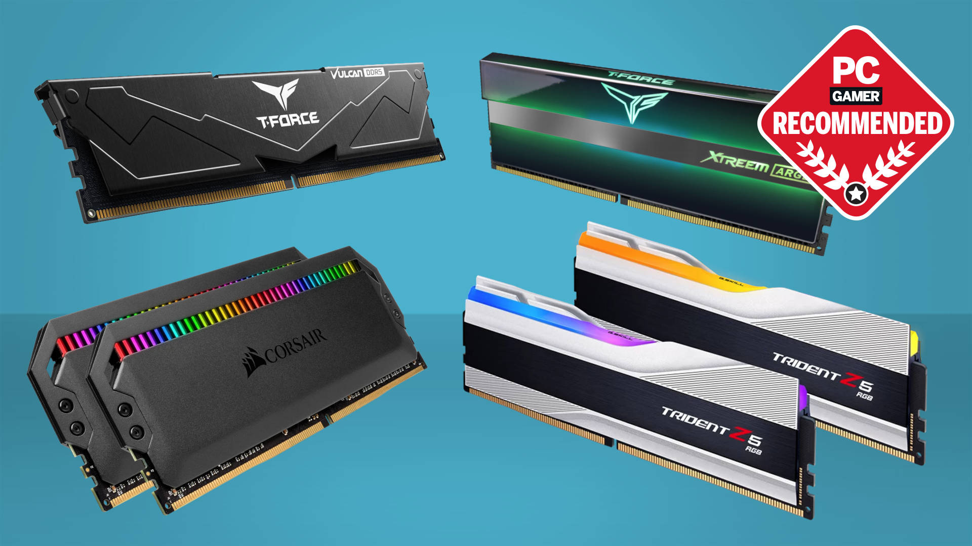 A collection of DDR4 and DDR5 DIMMs against a blue background, with a PC Gamer Recommended logo