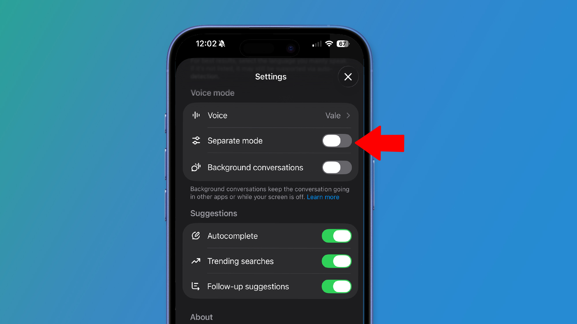 An iPhone on a blue background showing ChatGPT&#039;s voice mode settings