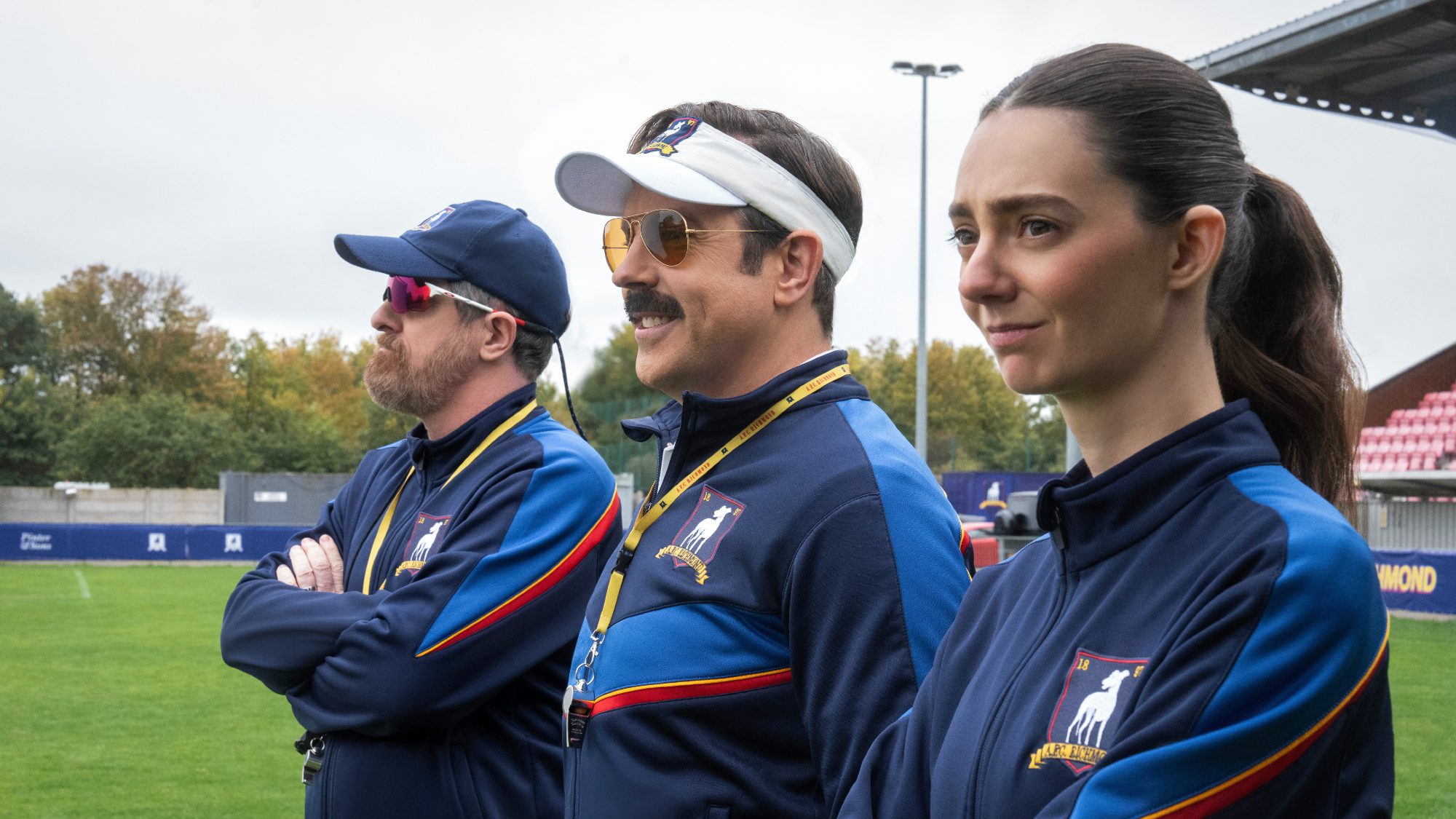 Brendan Hunt, Jason Sudeikis and Tanya Reynolds in Ted Lasso season 4