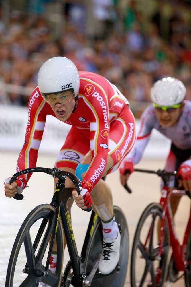 Lasse Norman Hansen of Denmark goes deep in the omnium