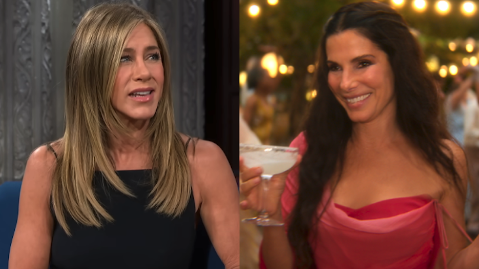 Jennifer Aniston on Stephen Colbert in 2025 and Sandra Bullock in Practical Magic 2