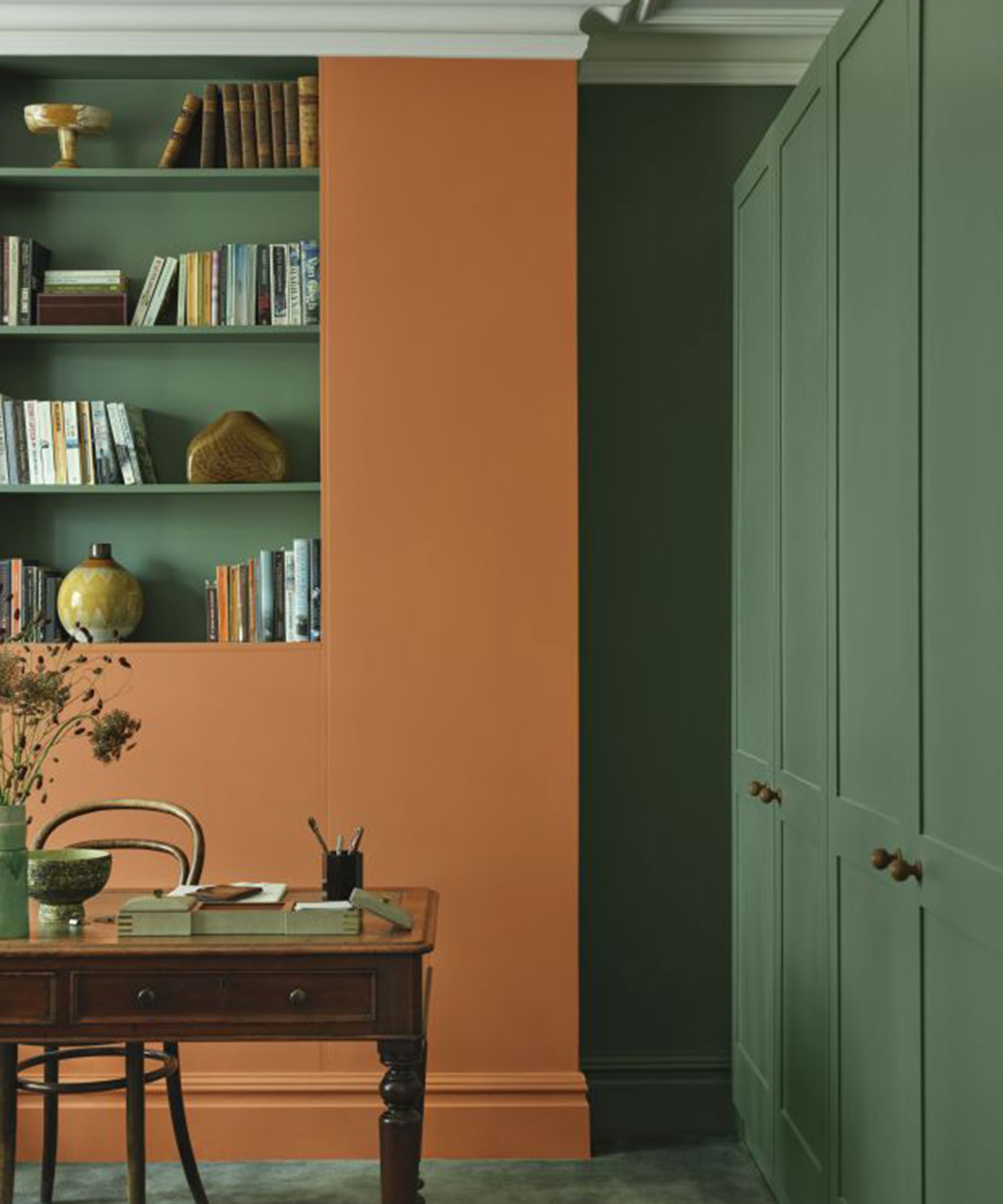 green and orange home office