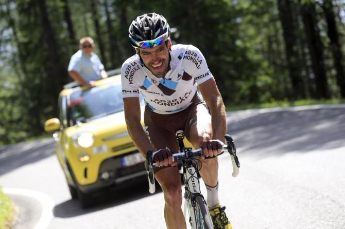 Christophe Riblon (AG2R La Mondiale) alone in the lead on the Passo Pordoi climb after dropping his breakaway companions