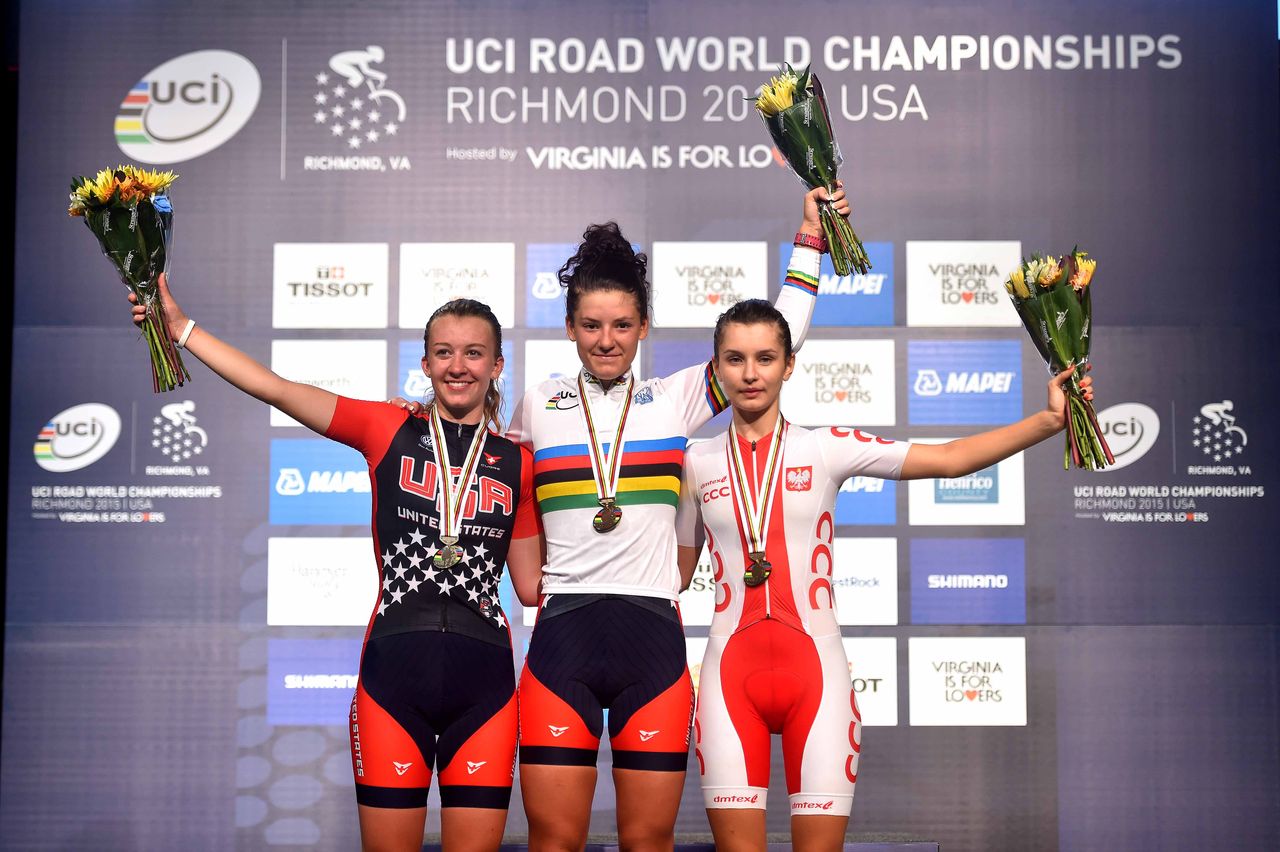 The junior women's road race podium in Richmond: Emma White, Chloe Dygert (USA) and Agnieszka Skalniak (Poland)