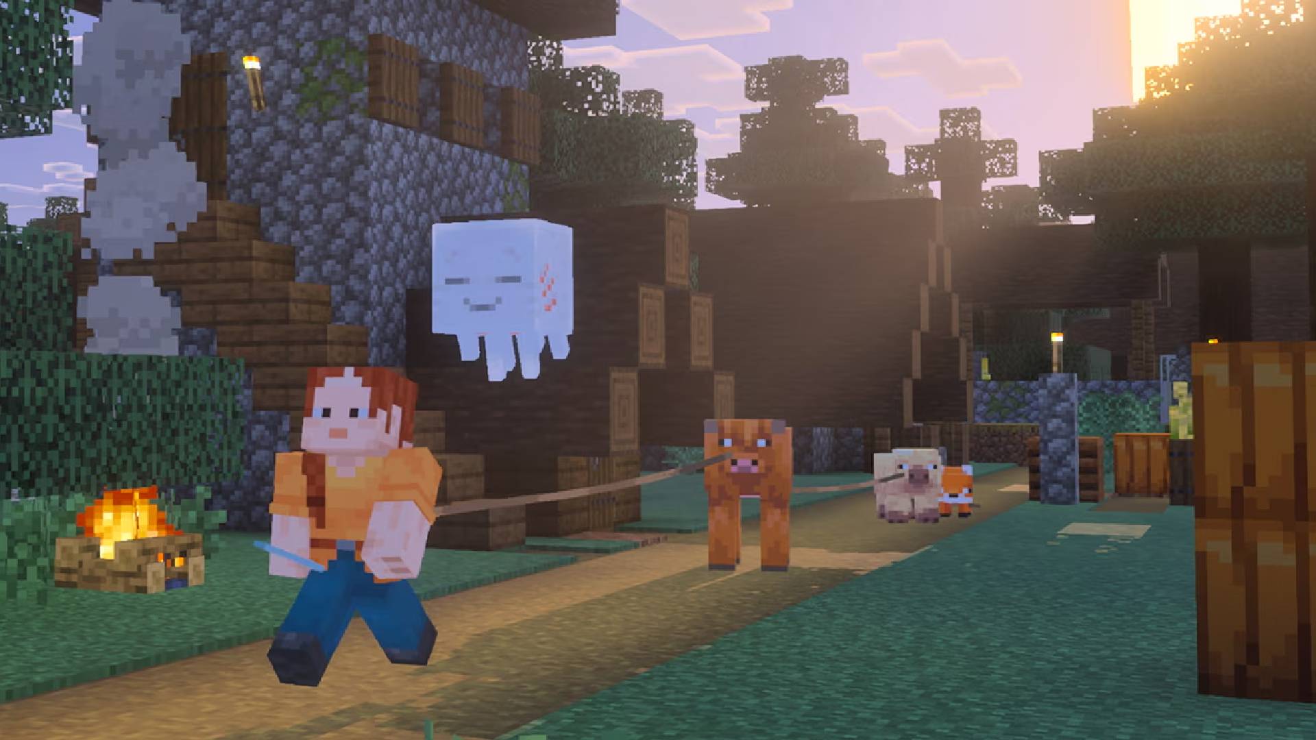 Chase the Skies Minecraft screenshots featuring players on top of a Happy Ghast and a player with a ghastling