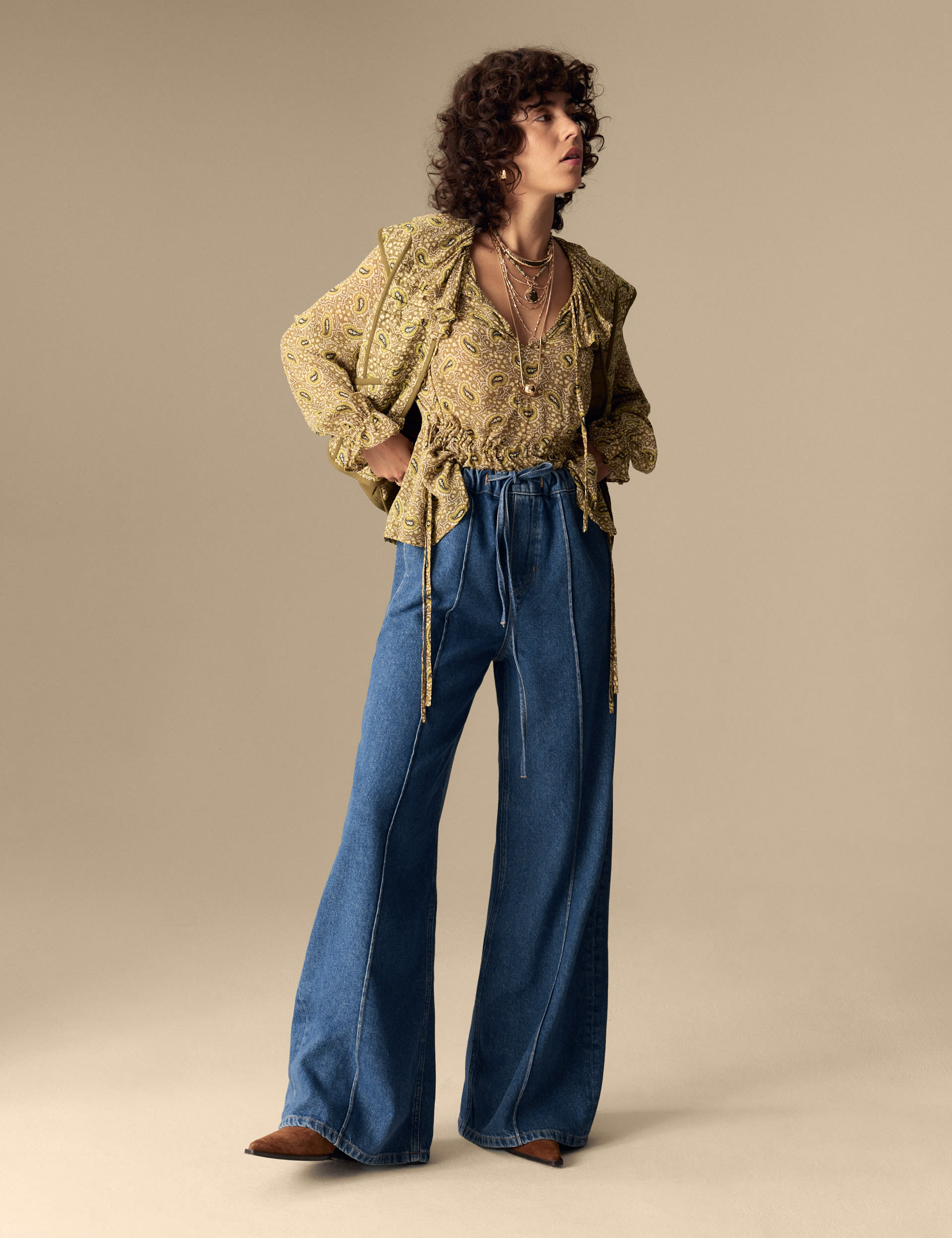 Lyocell Blend Pintuck Wide Leg Jeans