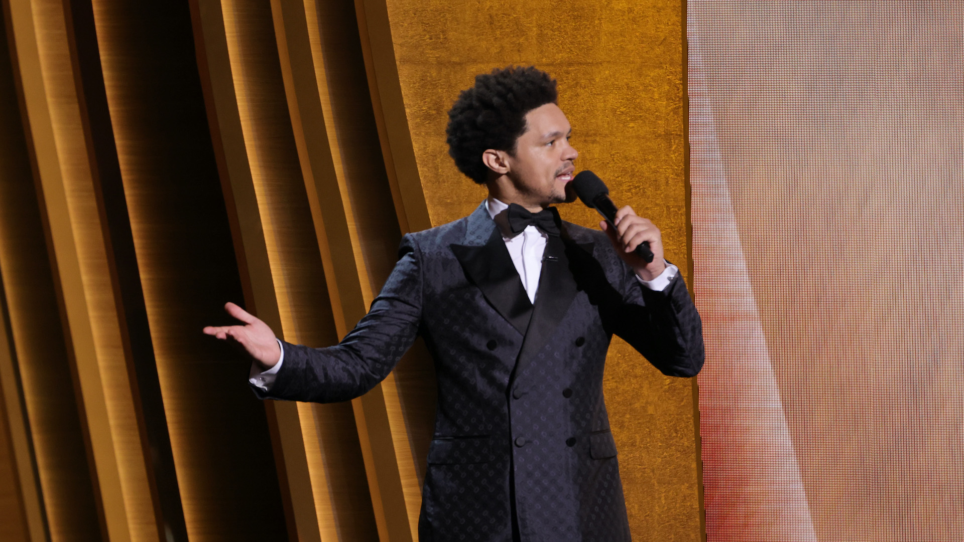 Trevor Noah speaks onstage during the Grammys 2022 at MGM Grand Garden Arena on April 03, 2022 in Las Vegas, Nevada.